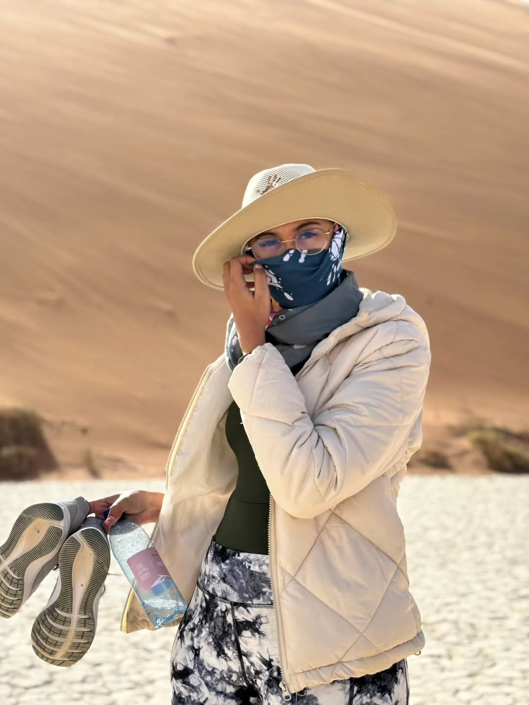 Stephanie Madl after climbing Big Daddy dune at Deadvlei, Sossusvlei